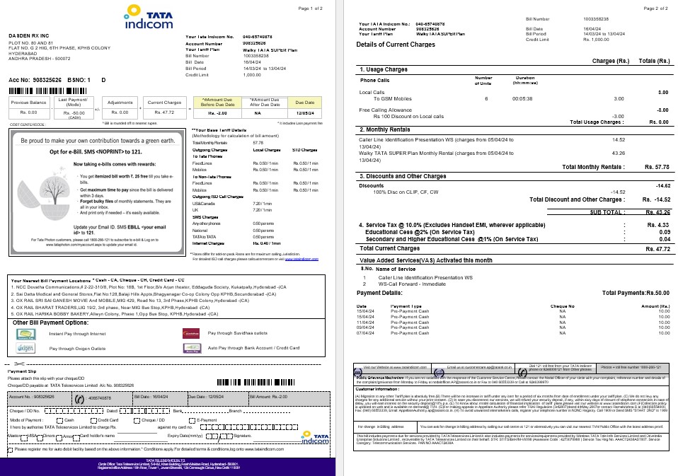 India Tata Indicom mobile business utility bill template in Word and PDF format, 2 pages